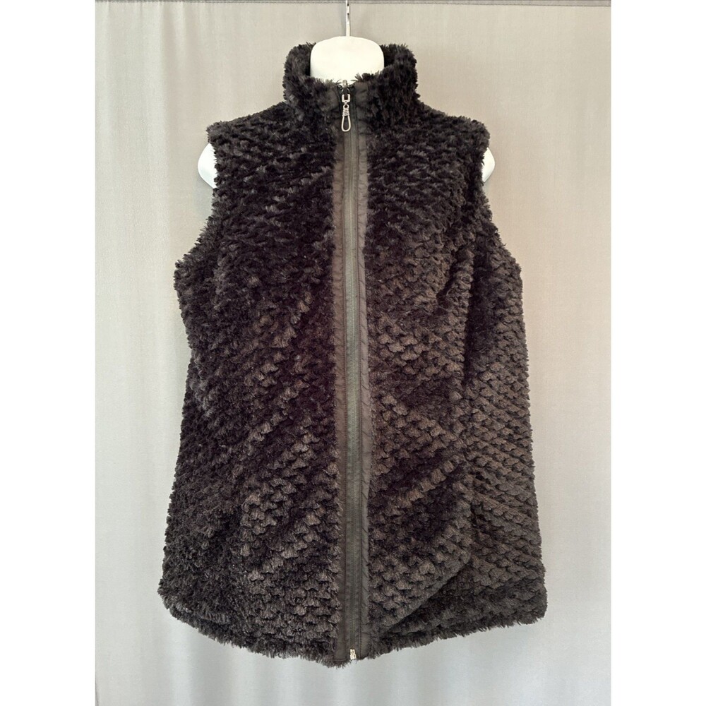 Denim & Co Faux Fur Quilted Reversible Vest Size XS Black Mob Wife Minimal Gorp